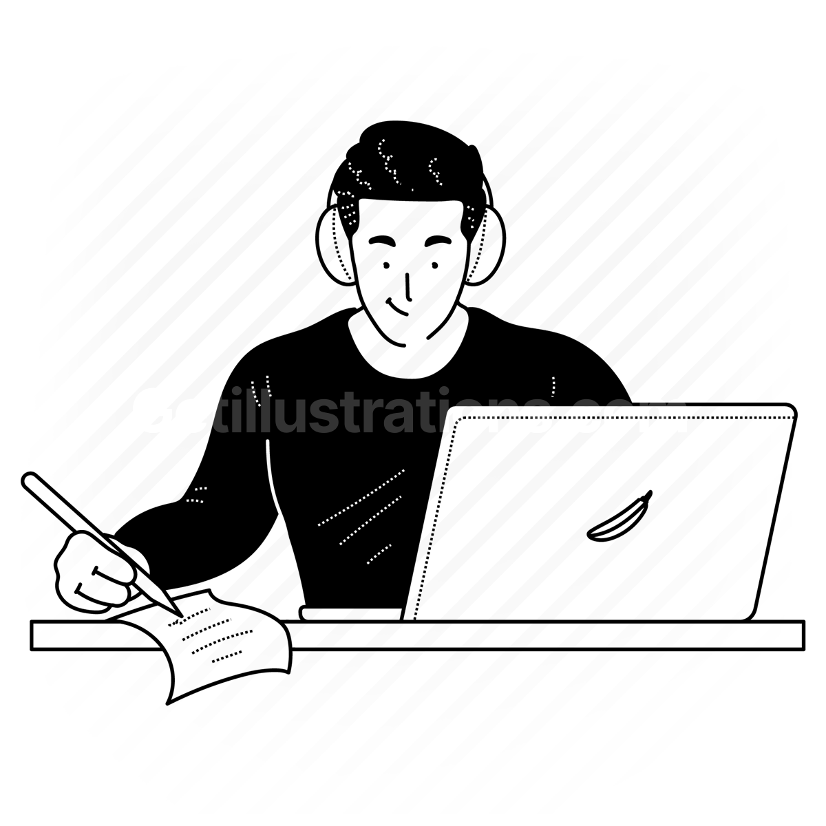 computer, laptop, desk, office, document, paper, page, man, headphones